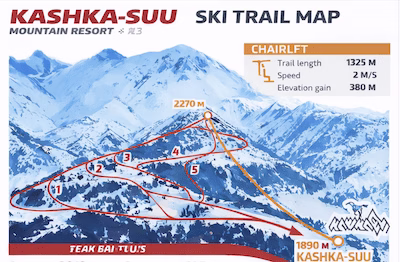 Kashka-Suu ski resort slope map showing 6 runs and 2 lifts