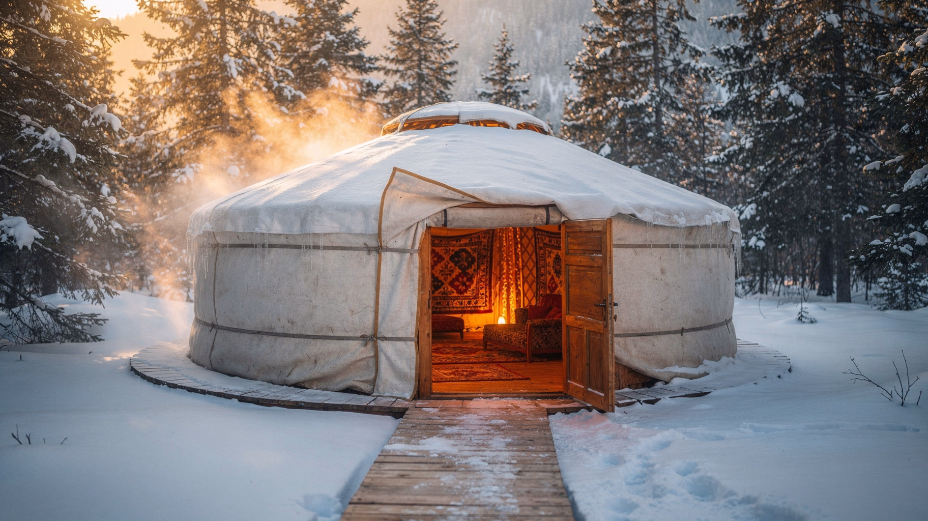 Kazakh yurt spa at Oi-Qaragai in snowy forest
