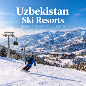 Uzbekistan ski resorts with a skier on a snowy slope, gondola lifts and snow-covered Tien Shan mountains in the background.
