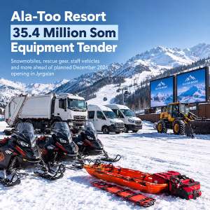 Ala-Too Resort equipment — ski lift infrastructure and snow grooming machines at the Kyrgyzstan ski resort