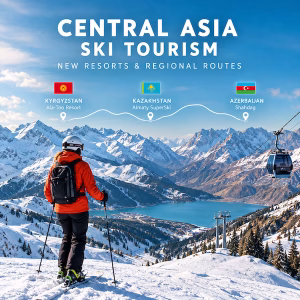 Central Asia ski tourism featuring snowy mountain ranges, a skier, and a route linking Ala-Too Resort in Kyrgyzstan, Almaty SuperSki in Kazakhstan, and Shahdag in Azerbaijan.