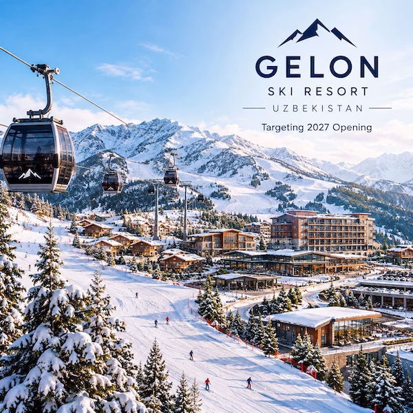 Conceptual view of Gelon ski resort in Uzbekistan, featuring snowy mountain slopes, gondola lifts, ski chalets and modern hotels, with a planned opening in 2027