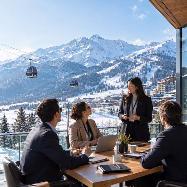 Business professionals meeting at a luxury mountain resort overlooking the snowy peaks, ski slopes and gondolas of Kazakhstan's Almaty Mountain Cluster.