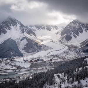 Snow-covered Tian Shan mountains and ski slopes near Shymbulak, Kazakhstan, illustrating the winter 2026–2027 forecast.